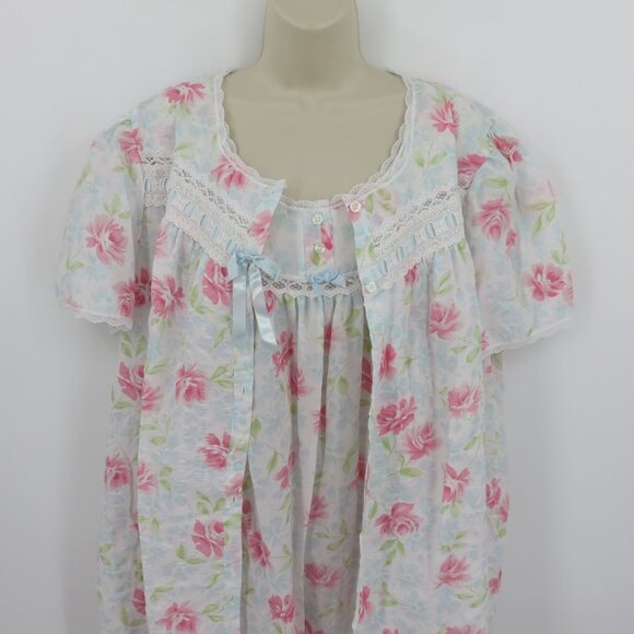 VTG Carriage Court Women XL Sleep Dress Short Sleeve Coverup Robe Pink Flowers - Picture 2 of 16